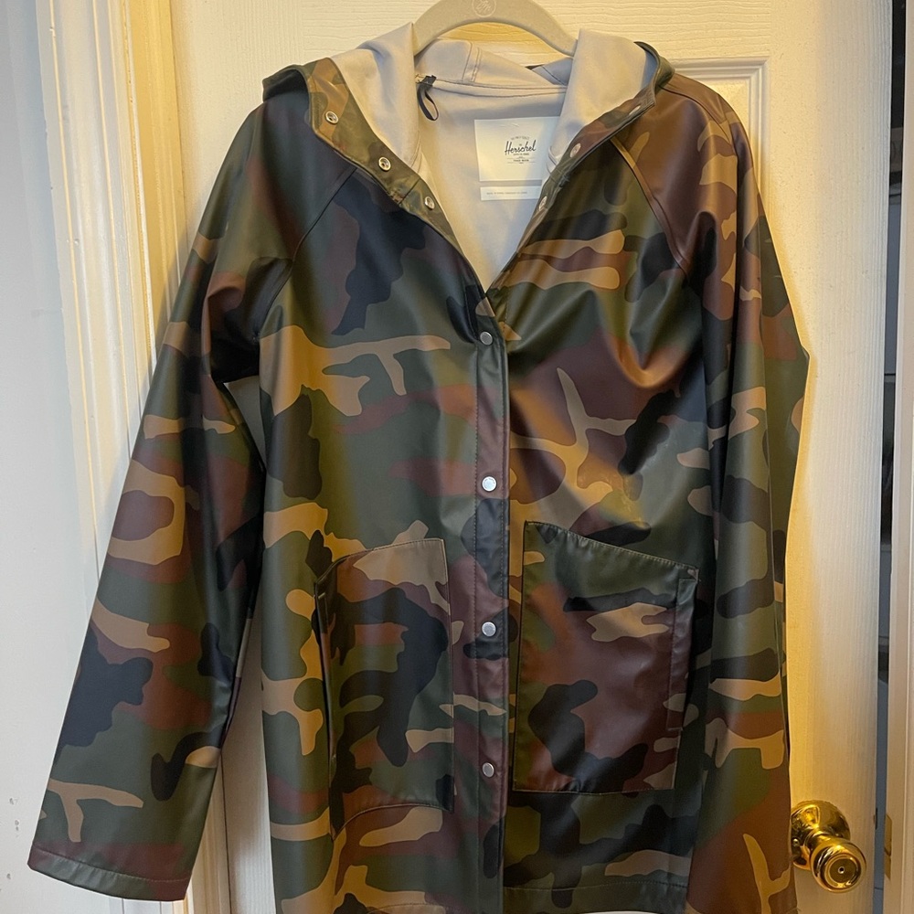 Herschel Green Brown Camo Rain Jacket with Hood